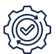 A gear icon with a check mark inside a circle and two circular arrows, symbolizing process completion, efficiency, or system integration.