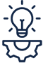 Outline of a light bulb emitting rays placed above a gear, symbolizing innovation, creative ideas, or the integration of technology and invention.