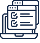 Outline icon of a laptop with two overlapping browser windows on the screen. Each window displays two checkboxes with check marks next to text lines, indicating completed tasks.