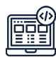 Line drawing of a laptop displaying a webpage layout with a code symbol () in a circle above the screen, representing web development or coding.
