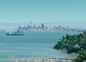 A cargo ship sails across a bay with a city skyline in the background and green hills with houses in the foreground under a clear blue sky.