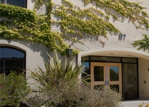 A building entrance with double glass doors, the number 67 above, and green vines growing across the light-colored exterior wall. Bushes and plants are in front of the entrance.