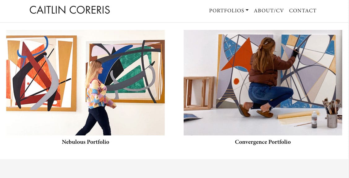 Screenshot of Caitlin Coreriss website showing two art portfolios: Nebulous Portfolio with an artist walking by colorful abstract art, and Convergence Portfolio with the artist painting a large abstract canvas.