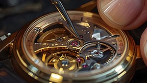 A close-up of a hand using a tool to adjust the intricate gears and mechanisms inside a gold mechanical watch, much like fine-tuning a WordPress maintenance plan for optimal performance.
