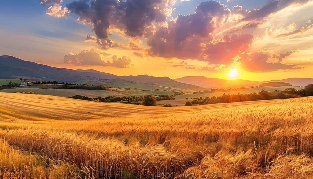 Golden wheat fields stretch across rolling hills under a vibrant sunset, with rays of sunlight breaking through dramatic clouds and distant mountains in the background.
