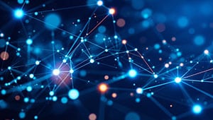 A digital illustration of interconnected glowing blue and orange nodes, representing a network or data connections—much like the intricate web of WordPress schema markup—set against a dark background with scattered light particles.